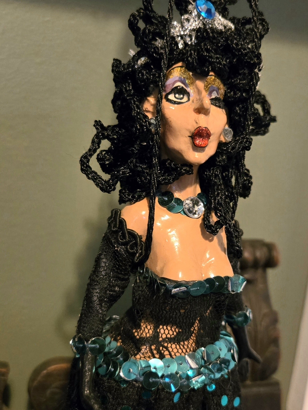 Vintage Katherine's Collection Black Teal Sequin Mermaid Art Doll Sculpture Sgnd